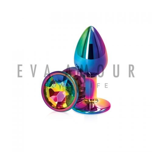Rear Assets Multicolor Round with Rainbow Jewel Butt Plug - Small